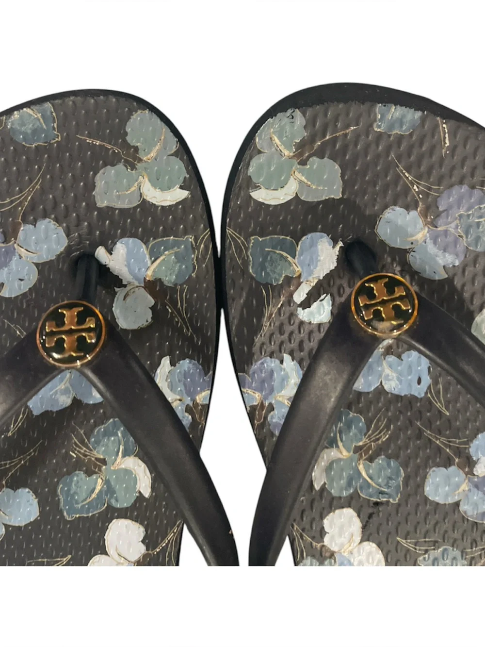 Tory Burch Thin Flip Flops Navy Blue Floral with Gold T Medallion Size 10